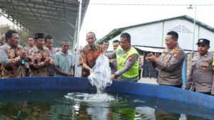 Guna Dukung Ketahanan Pangan, Kapolresta Sidoarjo Tebar 5.000 Benih Lele di Desa Bangah